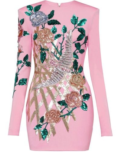Balmain Embroidered Embellished Mini Dress - Pink