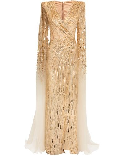 Jenny Packham Exclusive Draped Sleeve V-neck Gown - Natural