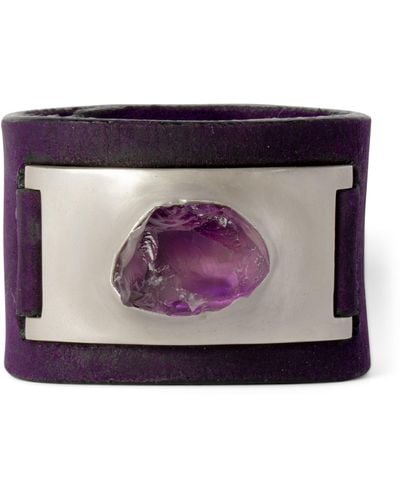 Parts Of 4 Silver-plated Brass And Amethyst Leather Amulet Cuff - Purple