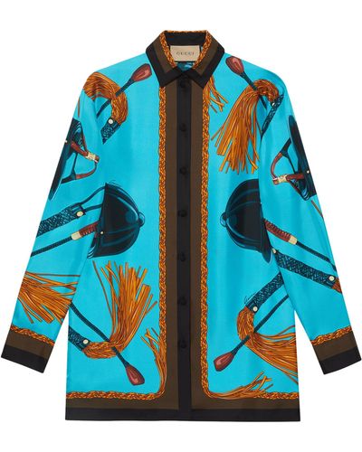 Gucci Silk Equestrian Print Shirt - Blue