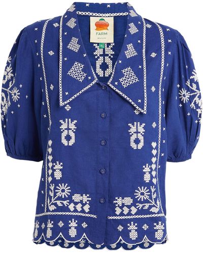 FARM Rio Linen-blend Embroidered Shirt - Blue