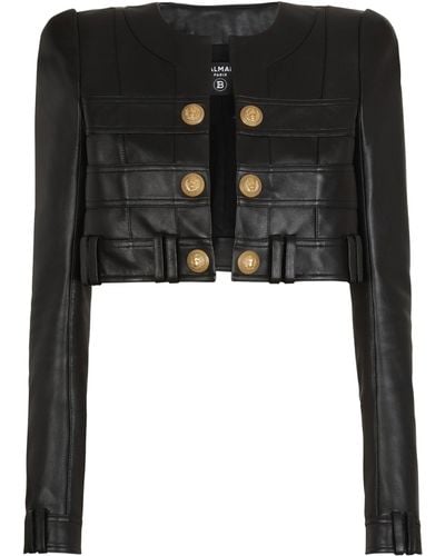 Balmain Leather Collarless Cropped Jacket - Black