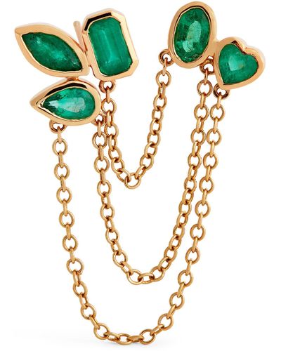 SHAY Yellow Gold And Emerald Duo Chain Link Single Stud Earring - Metallic