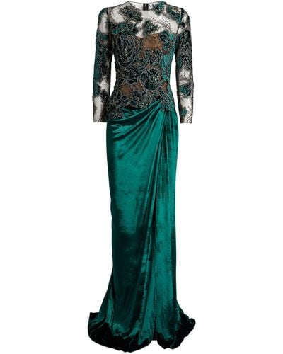 Marchesa Embroidered-bodice Gown - Green