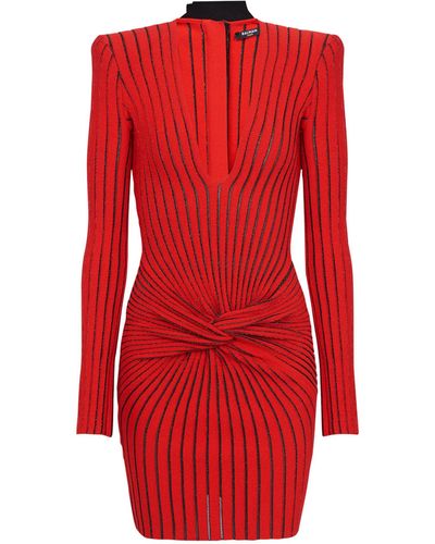 Balmain Ribbed Striped Dress - Red
