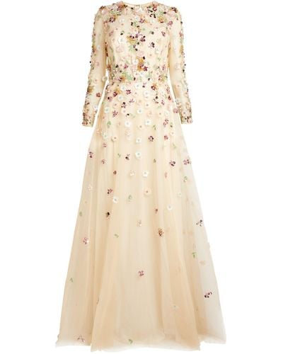 Elie Saab Embroidered Floral Tulle Gown - Natural