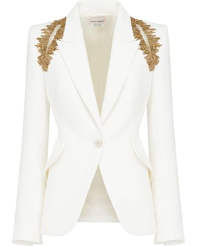 Alexander McQueen Crystal-embellished Notch-lapel Crepe Blazer - White