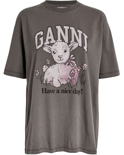 Ganni Lamb Print T-shirt - Grey