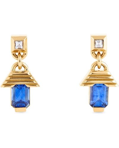 Azlee Small Yellow Gold, Diamond And Sapphire Escalier Drop Earrings - Blue