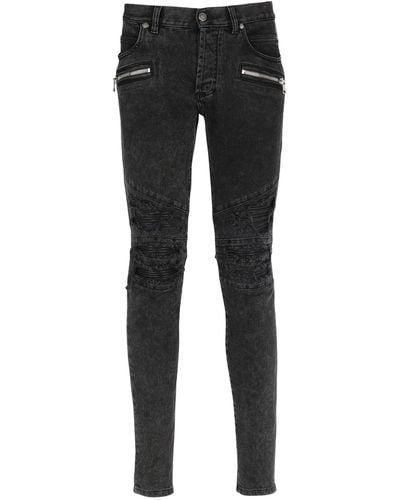 Balmain Distressed Skinny Moto Jeans - Black
