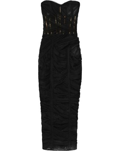 Dolce & Gabbana Tulle Ruched Bustier Midi Dress - Black