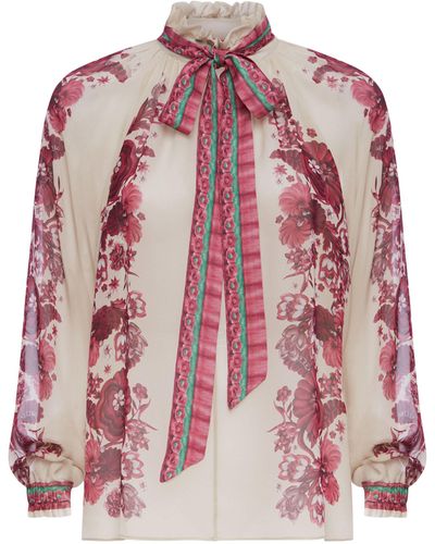La DoubleJ Silk Floral Pussybow Cerere Blouse - Natural