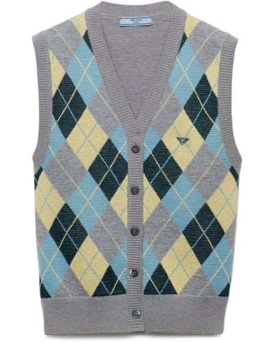 Prada Wool Argyle Print Jumper Vest - Blue