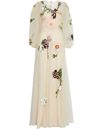 Monique Lhuillier Floral-embroidered Gown - Natural
