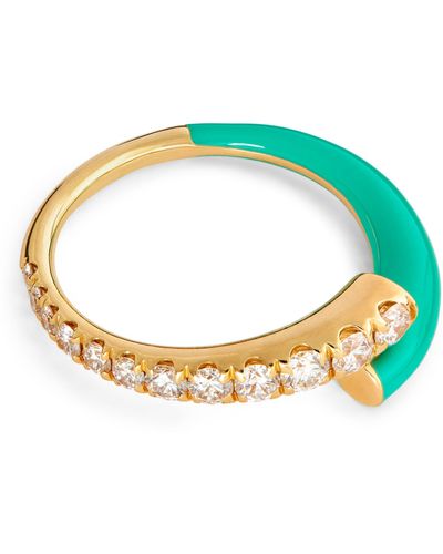 Melissa Kaye Yellow Gold And Diamond Lola Pinky Ring - Green