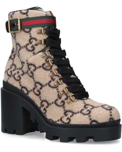 Gucci Lace Up Ankle Boots Trip Bootie Felt Logo Beige-combo - Multicolor