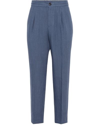 Brunello Cucinelli Linen Pleated Slim Trousers - Blue