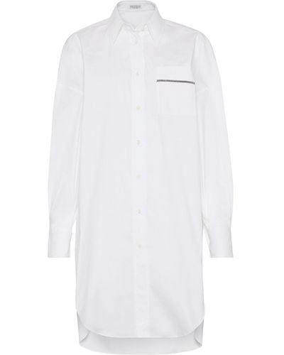 Brunello Cucinelli Stretch-cotton Poplin Monili-trim Longline Shirt - White