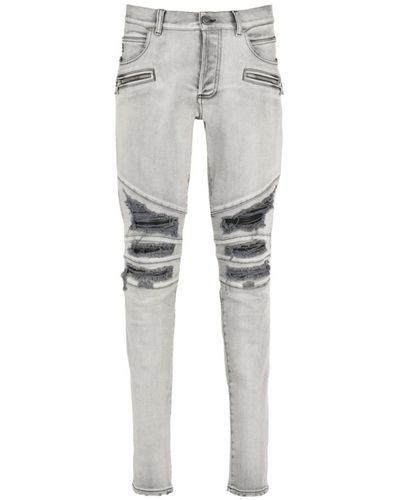 Balmain Distressed Skinny Moto Jeans - Gray