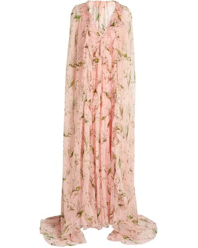 Carolina Herrera Floral V-neck Gown With Detachable Cape - Pink