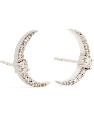 BeeGoddess White Gold And Diamond Star Light Crescent Earrings - Metallic