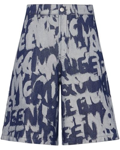 Alexander McQueen Graffiti Denim Shorts - Blue