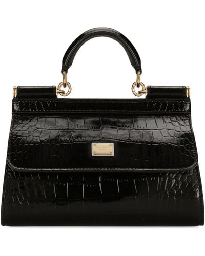 Dolce & Gabbana Croc-embossed Calfskin Top-handle Bag - Black