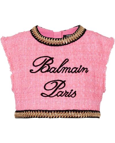 Balmain Tweed Logo Crop Top - Pink
