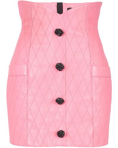 Balmain Quilted Leather Tulip Mini Skirt - Pink