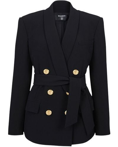 Balmain Double-breasted Belted Blazer - Blue