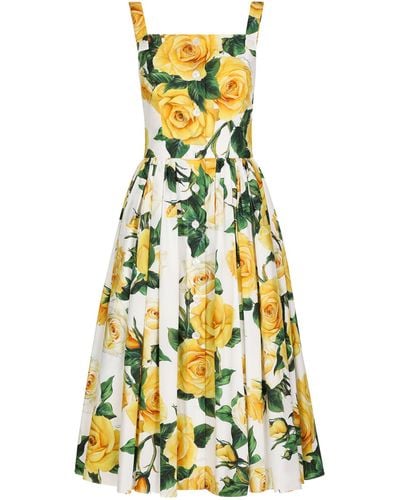 Dolce & Gabbana Cotton-blend Floral Print Midi Dress - Yellow