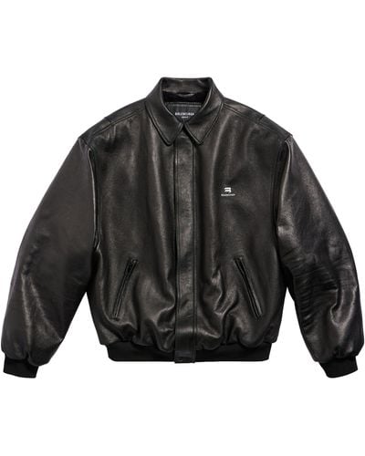 Balenciaga Logo-debossed Leather Bomber Jacket - Black