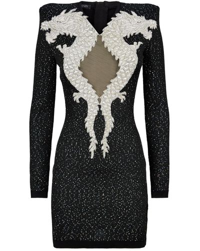 Balmain Long Sleeve Dragon-embellished Sequin Dress - Black