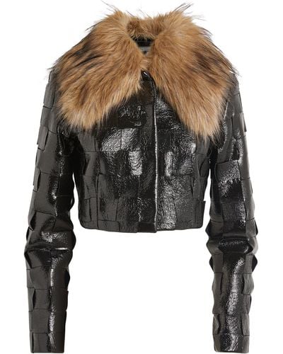 A.W.A.K.E. MODE Faux Leather Woven Cropped Jacket - Black