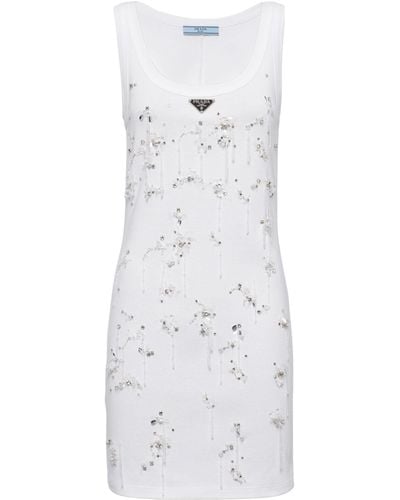 Prada Cotton Embellished Tank Top Dress - White