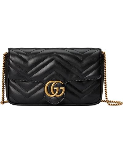 Gucci Mini Leather Gg Wallet With Chain - Black