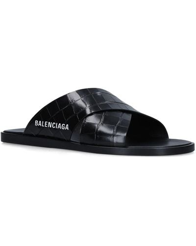 Balenciaga Cosy Crisscross Sandals In Croc-print Leather - Black