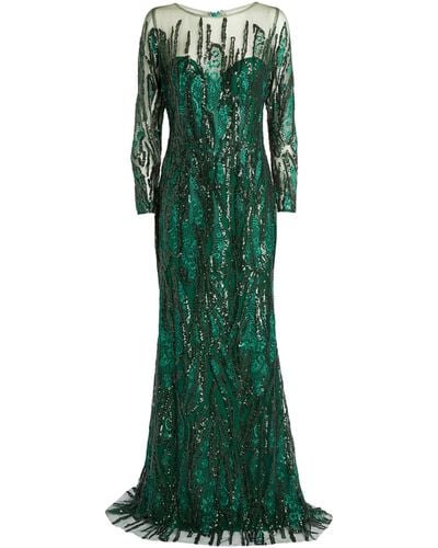 Jovani Sequin-embellished Long-sleeve Gown - Green