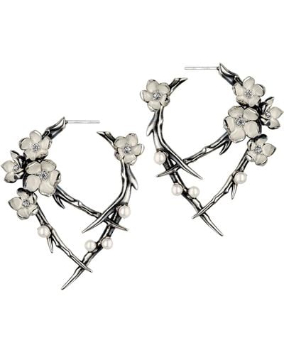 Shaun Leane Sterling Silver, Diamond And Pearl Cherry Blossom Hoop Earrings - Metallic