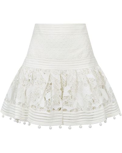 Zimmermann Corsage Pompom-embellished Guipure Lace And Swiss Dot-tulle Mini Skirt - White