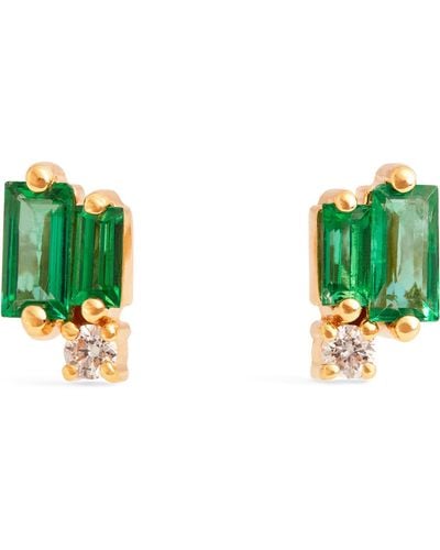 Suzanne Kalan Yellow Gold, Diamond And Emerald Classic Stud Earrings - Green