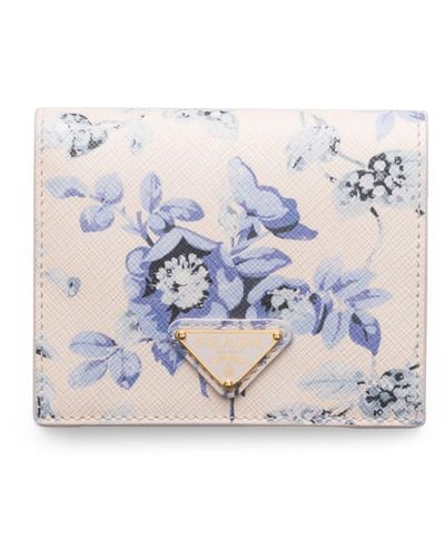 Prada Small Saffiano Leather Floral Bifold Wallet - Blue