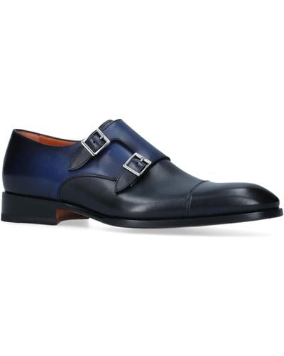 Santoni Leather Carter Double Monk Shoes - Blue