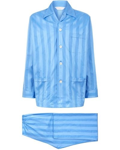 Derek Rose Lingfield Cotton Stripe Pajama Set - Blue