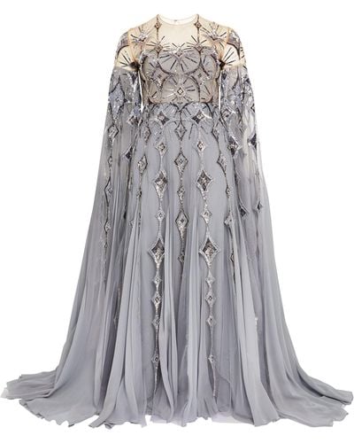 Georges Hobeika Caped Embellished Gown - Grey