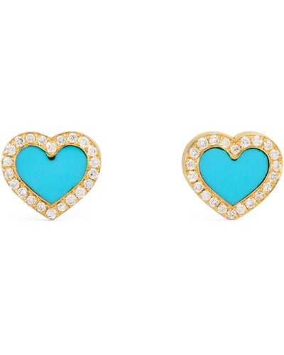 Jennifer Meyer Yellow Gold, Diamond And Turquoise Heart Earrings - Blue
