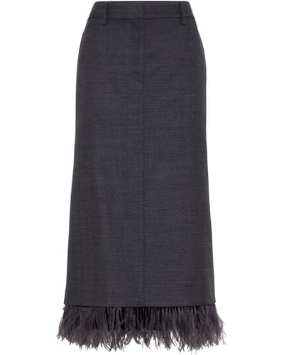 Brunello Cucinelli Virgin Wool Column Skirt With Detachable Feather Trim - Black