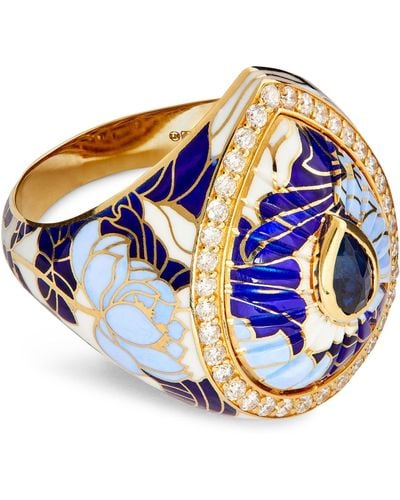 L'Atelier Nawbar Yellow Gold And Diamond Chinoiserie Bond Ring - Blue