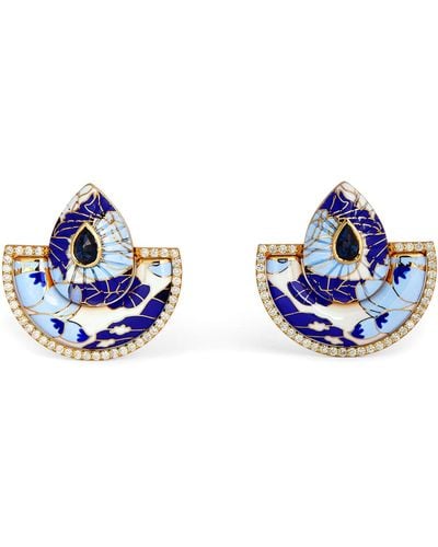 L'Atelier Nawbar Yellow Gold And Diamond Chinoiserie Bond Fan Earrings - Blue