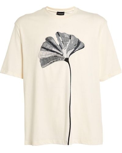 Emporio Armani Cotton Embroidered-flower T-shirt - Natural